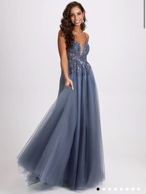 Embroidered Tulle A-Line Prom Dress in Slate Blue